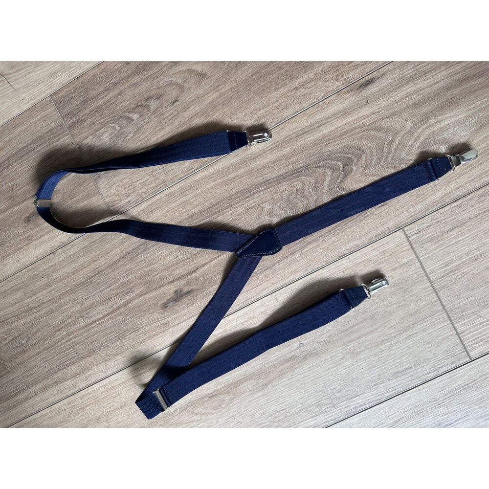 Zara Men’s Navy Blue Suspenders Braces Leather Detail Adjustable Clip-On